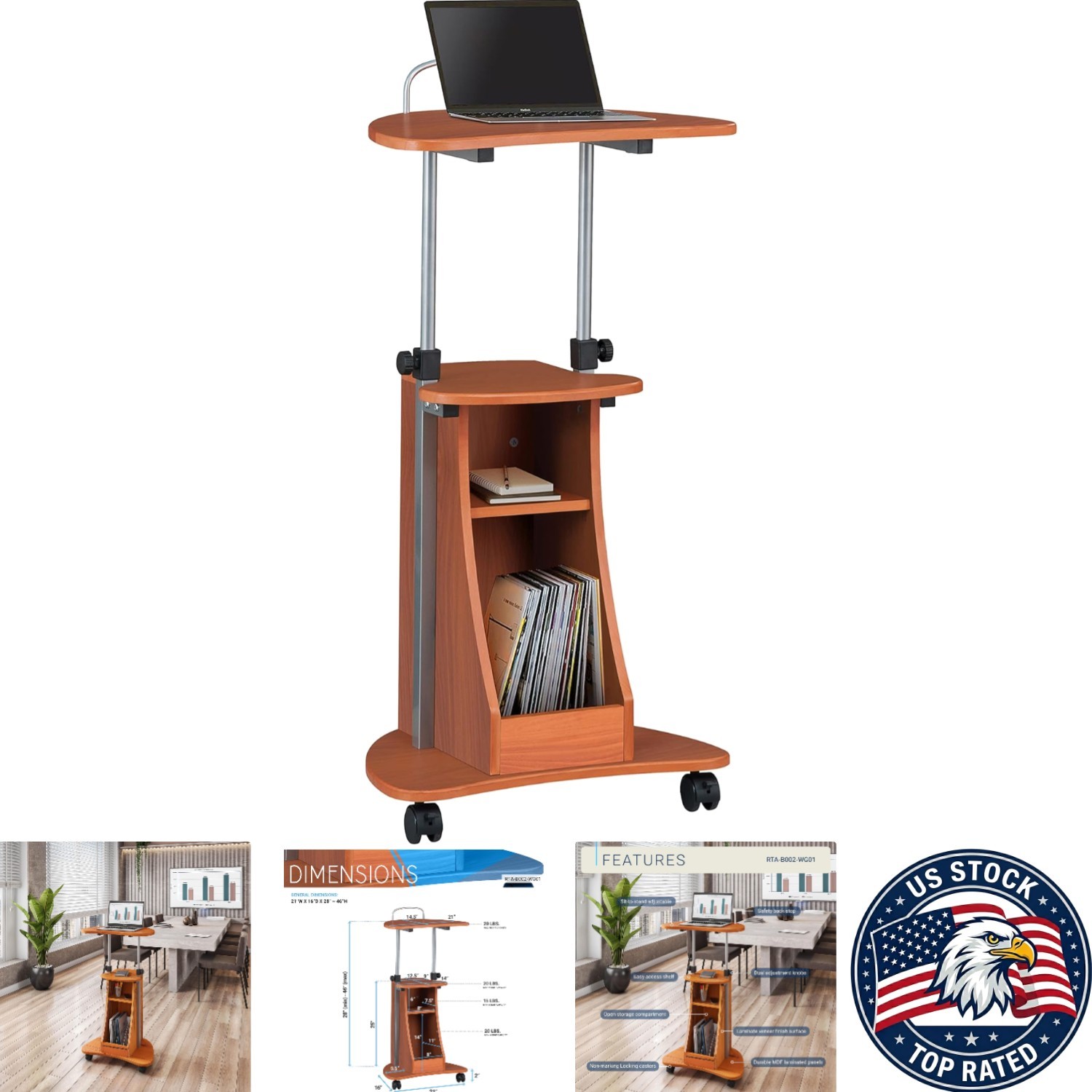 Elegant Adjustable Height Laptop Cart with Locking Casters and Woodgrain Finish