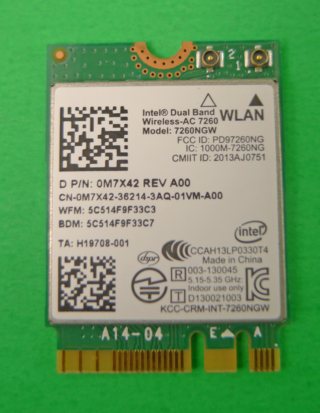 Genuine Dell Intel Dual Band Wireless-AC BT 4.0 NGFF Card 7260NGW A00 M7X42