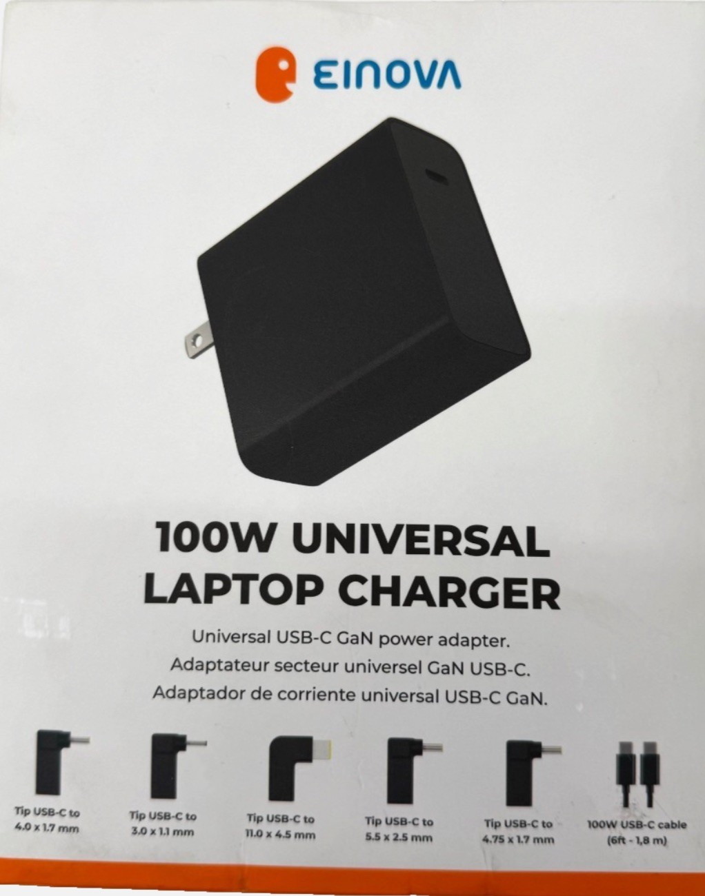 Einova 100W Universal Laptop Charger-USB-C GaN Power Adapter - Black - NEW
