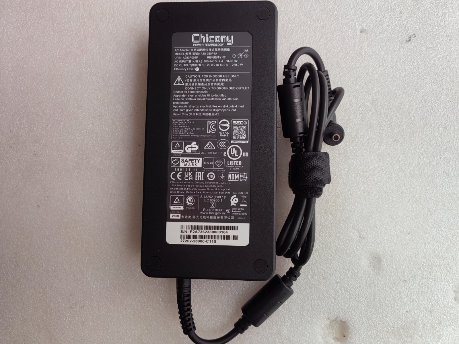 Original Chicony 20V 14A 280W A18-280P1A For MSI GP76 Leopard 11UG-078IT RTX3070