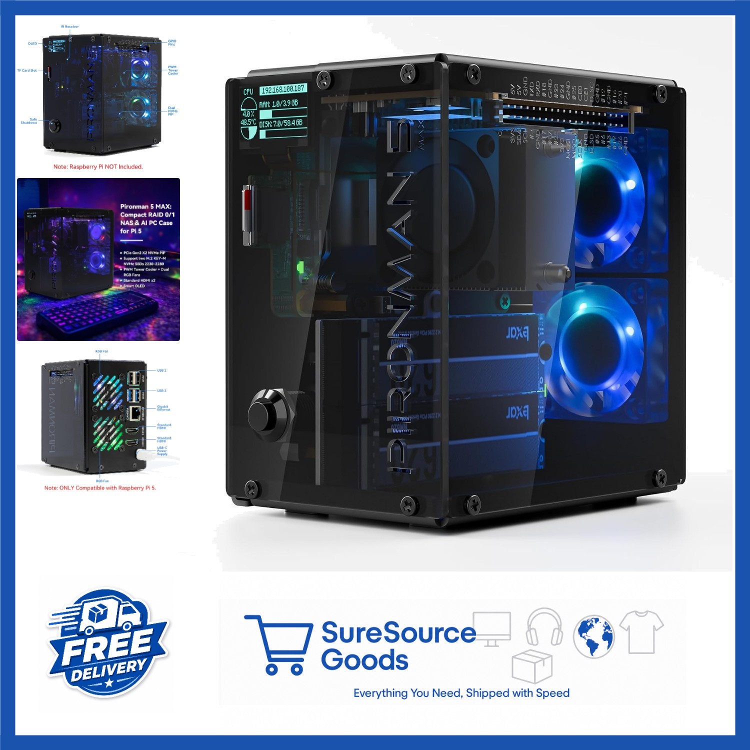 Pironman 5-MAX Raspberry Pi 5 Case with Dual NVMe M.2 SSD Slots & RGB Fans