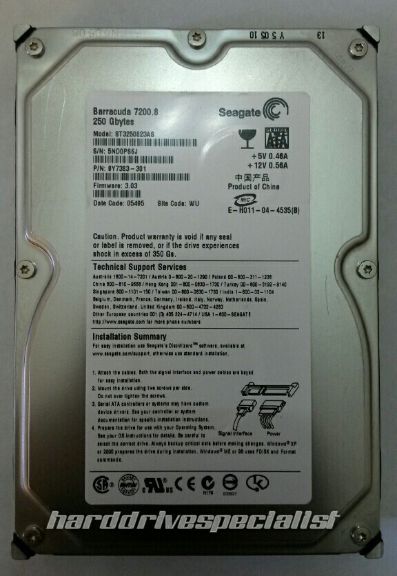 Seagate ST3250823AS 250GB SATA Drive P/N:9Y7383-301 Firmware:3.03 Site:WU