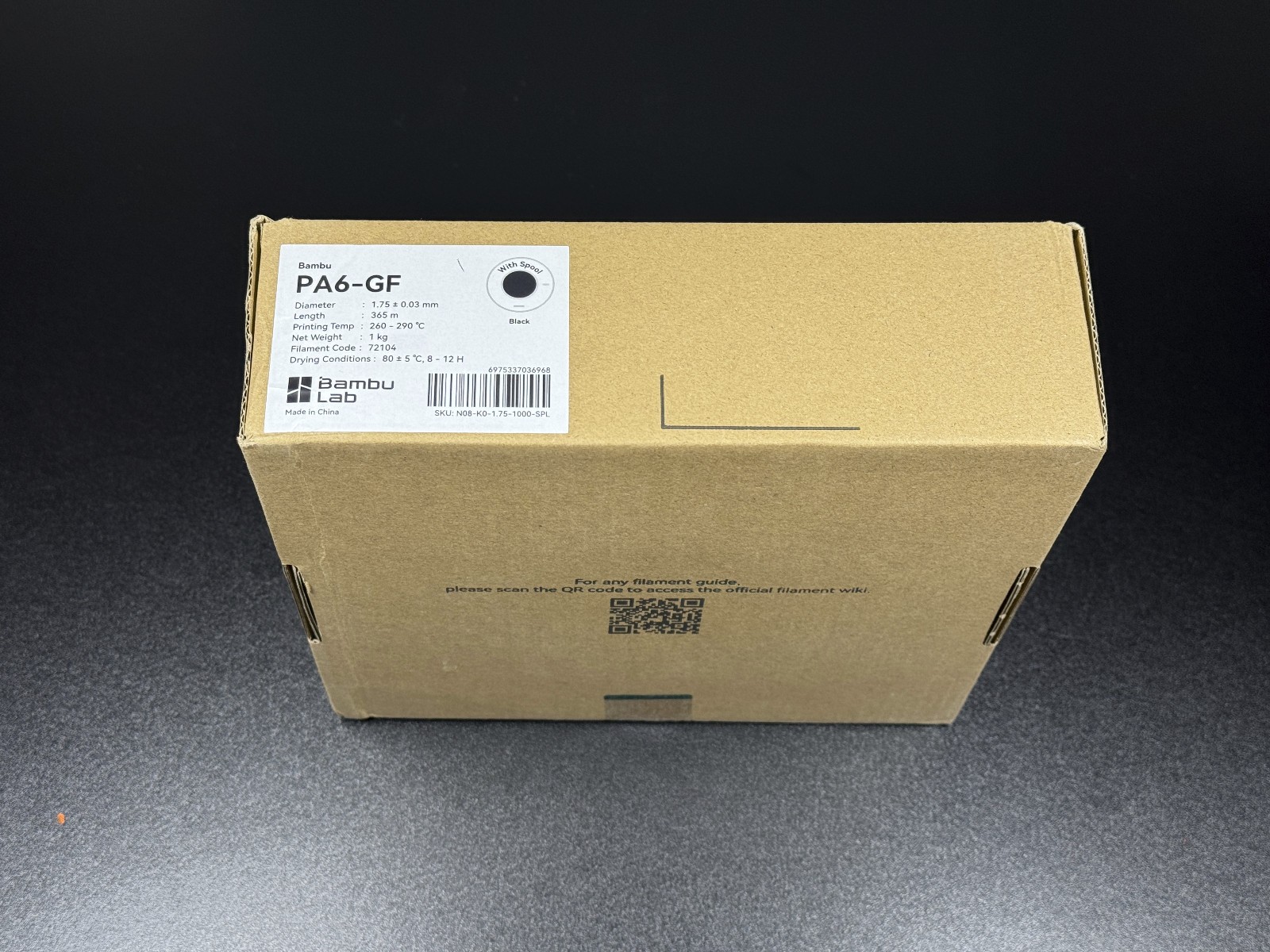Bambu Lab PA6-GF Filament with Spool (Black Color) 1 kg