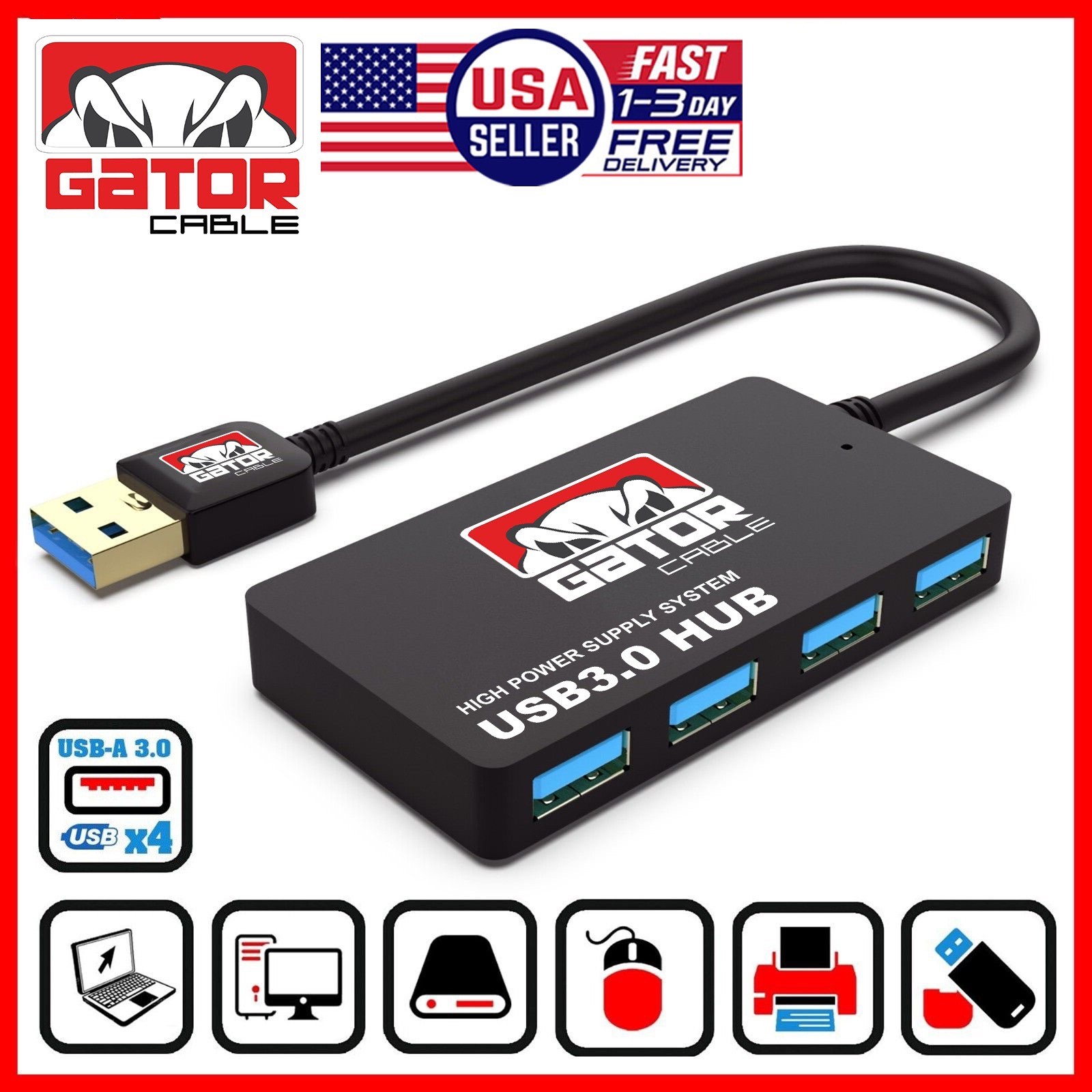 USB 3.0 Hub 4-Port Adapter Charger Data Super Speed for PC Mac Laptop Desktop