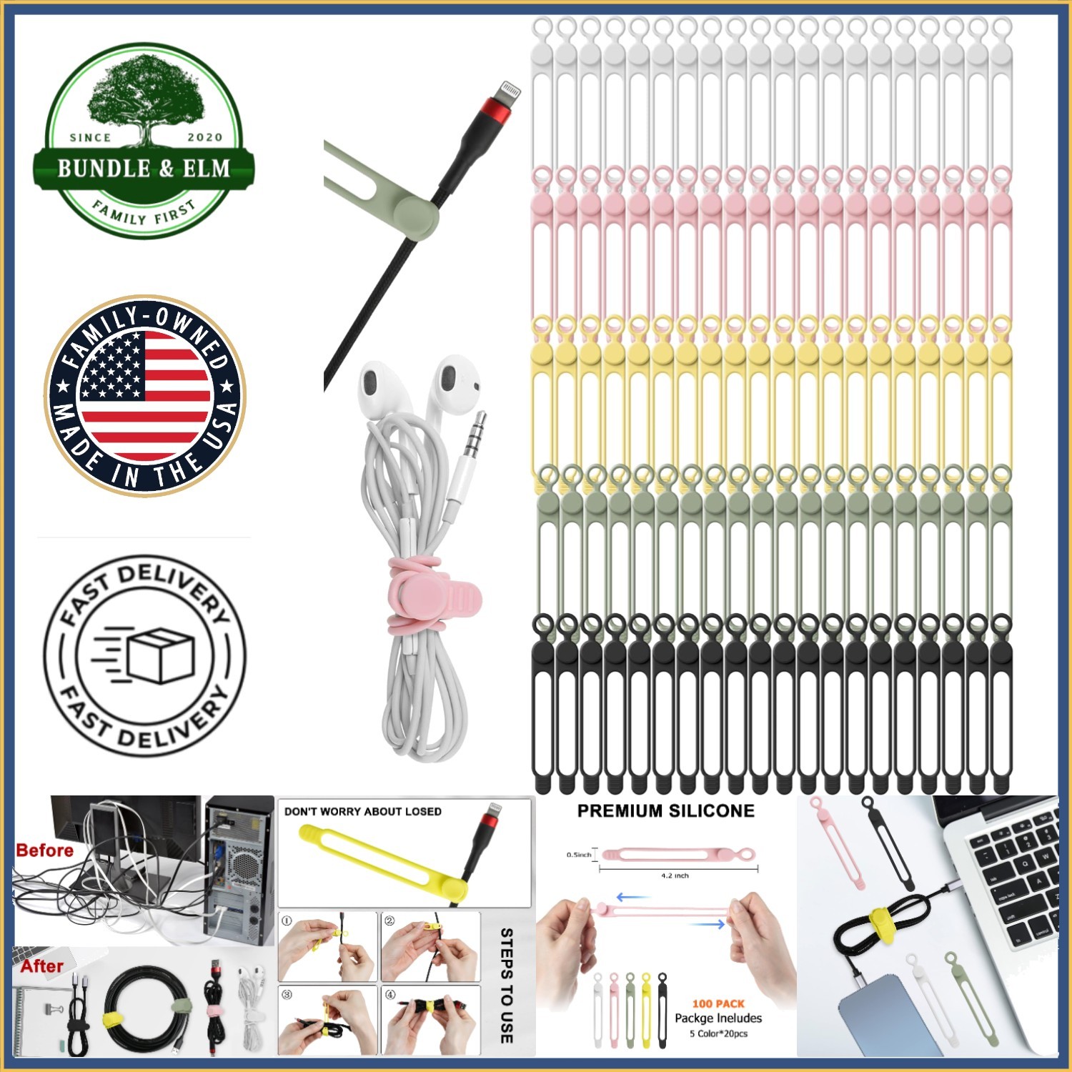 Reusable Silicone Cable Ties, 100 Count for Organizing Cables in Various Colors