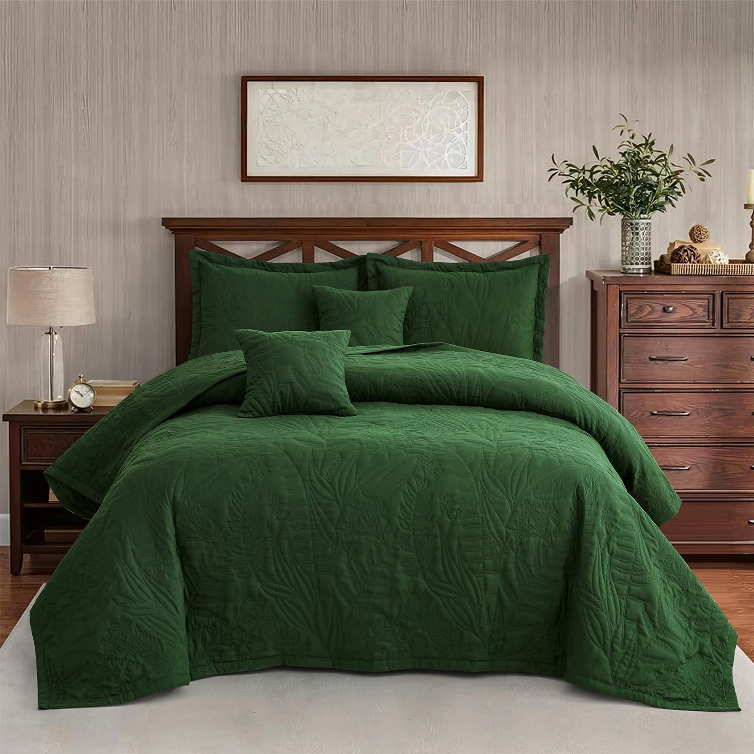 Oversized King Bedspreads 128X120, Botanical, Olive Green