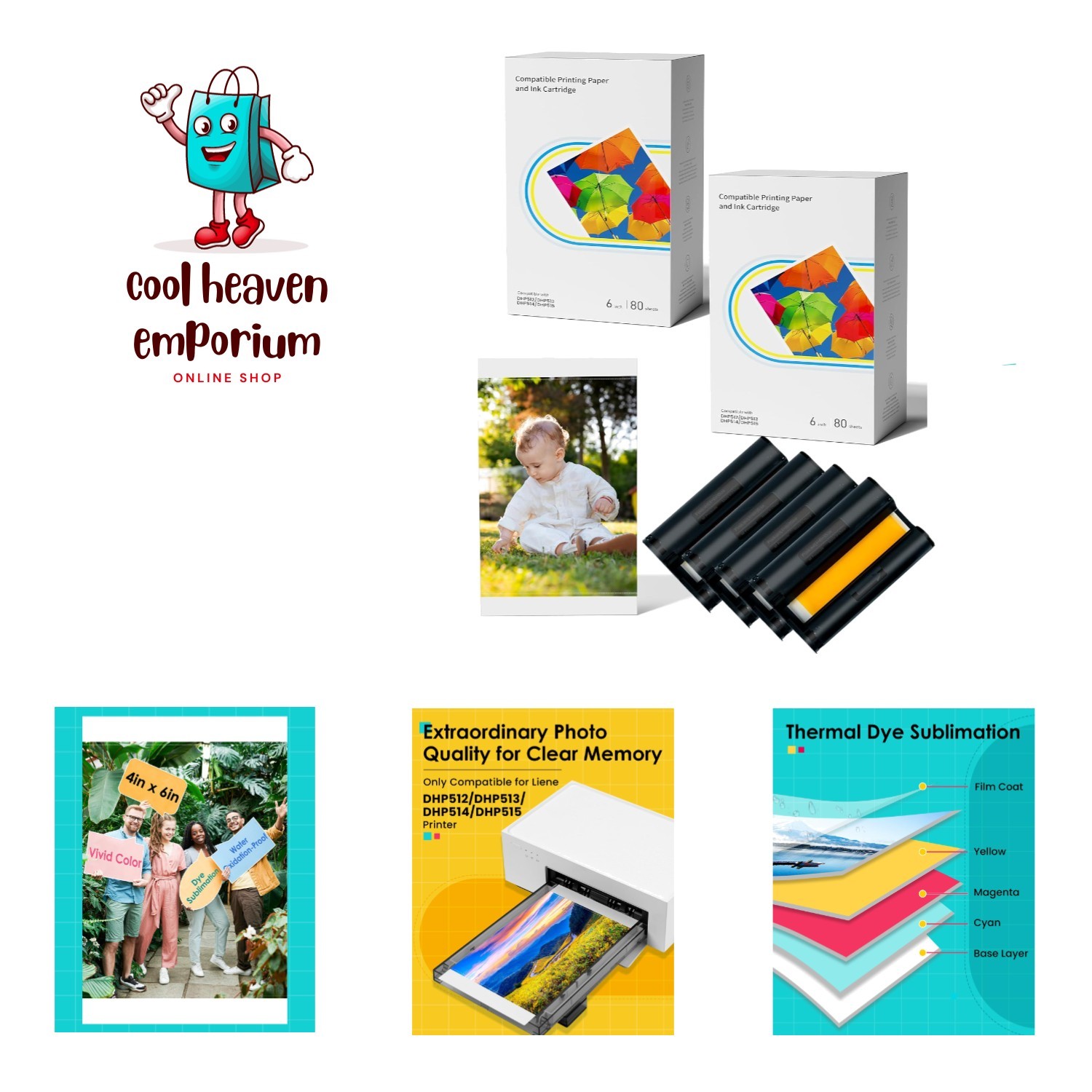 Compatible with Liene Amber M100 M110 4x6 160 Photo Paper & 4 Ink Cartridge