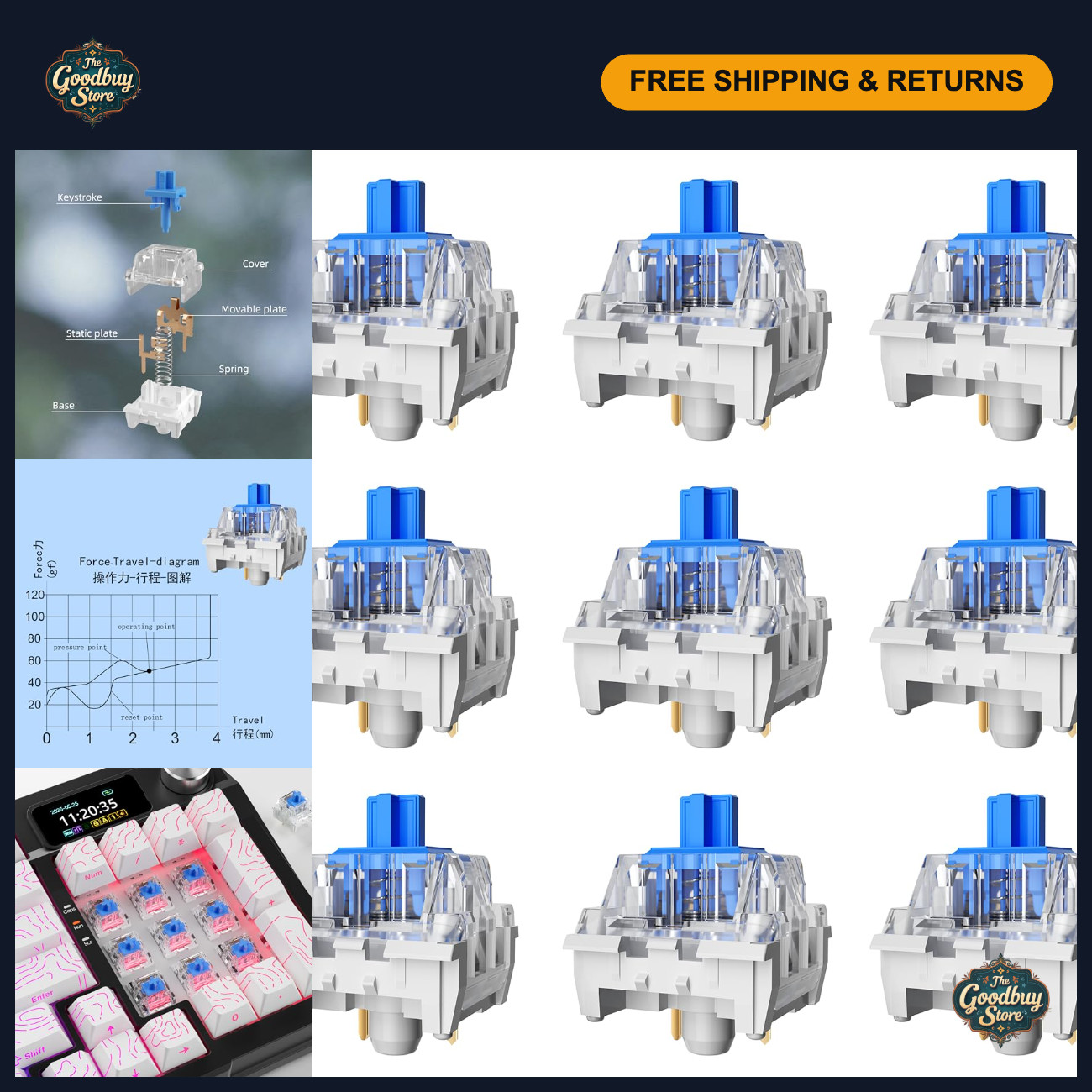 90PCS Blue Mechanical Keyboard Switches, 3 Pin Dustproof for Gaming & 3D Printin