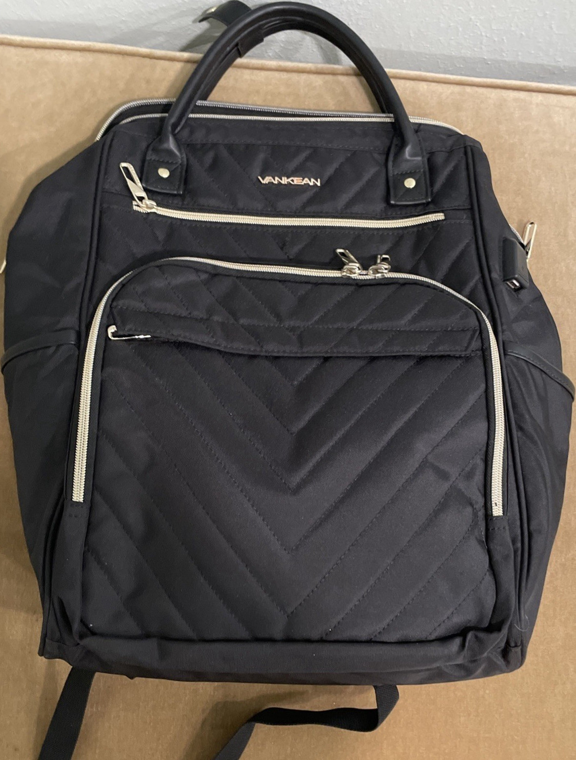 VANKEAN Quilted Black Nylon Laptop Backpack with Built-In USB Port