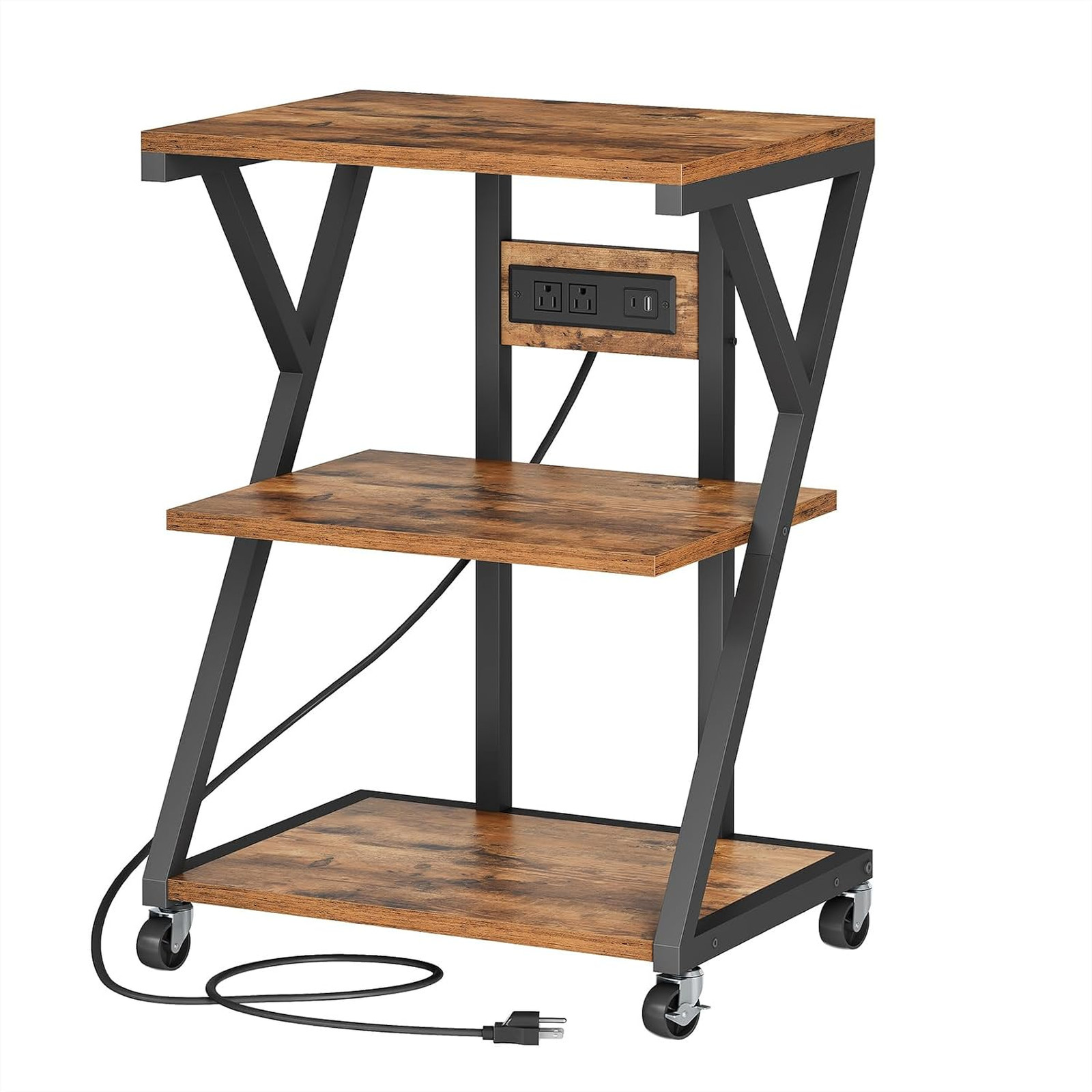 3-Tier Printer Stand, Mobile Printer Table, Rolling Cart with Charging Station