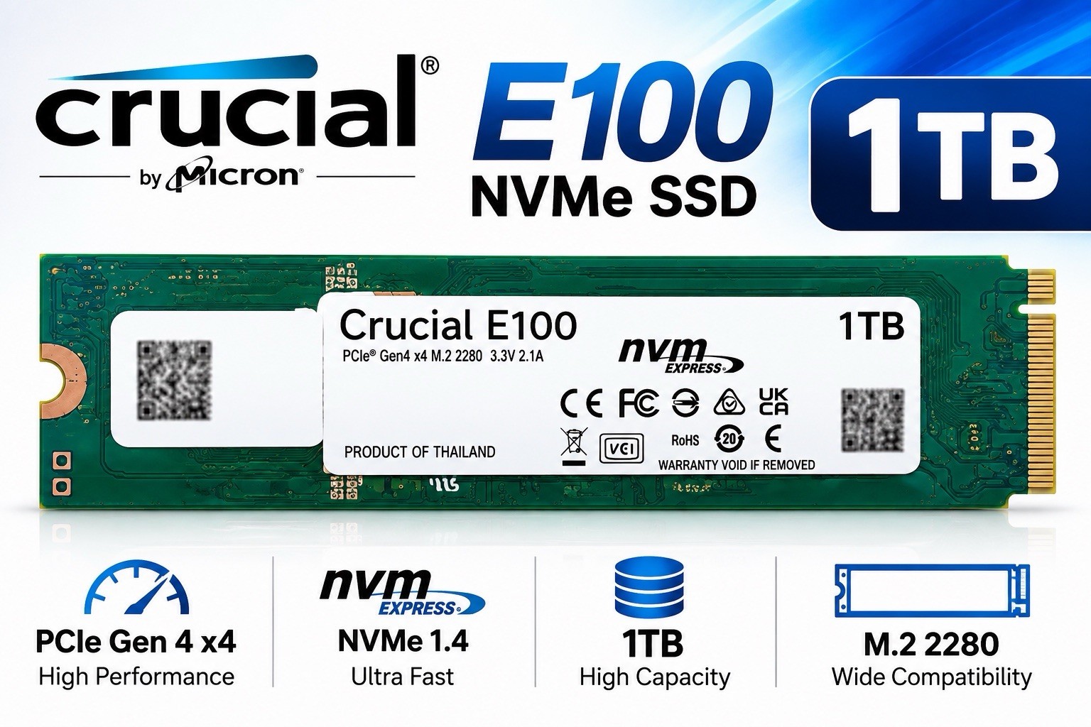 Micron  2280mm Crucial E100 1TB M.2 NVMe Gen 4.0 x 4 SSD CT1000E100SSD8