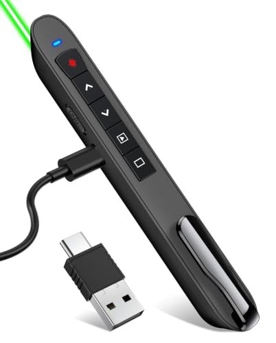 Presentation Clicker, Green Light, USB-C Rechargeable Remote for Laptops