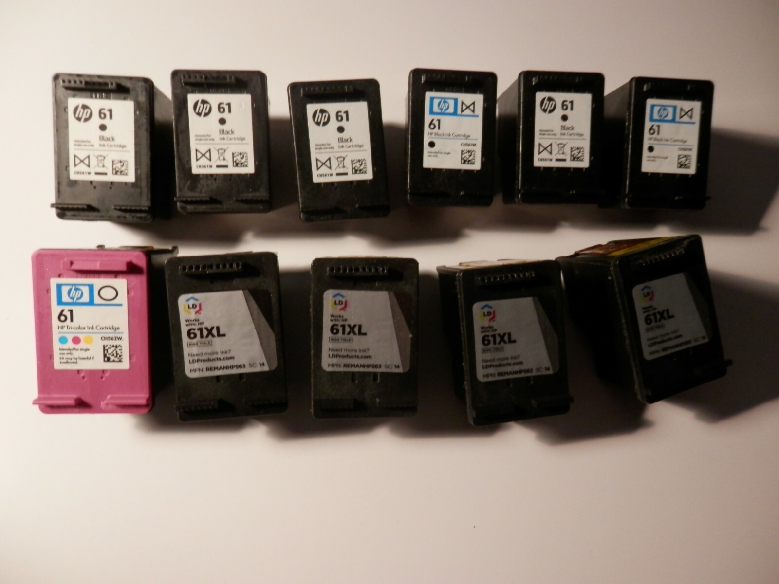 LOT OF 11 HP 61 & 61XL EMPTY VIRGIN INK CARTRIDGES 10 BLACK 1 TRI-COLOR