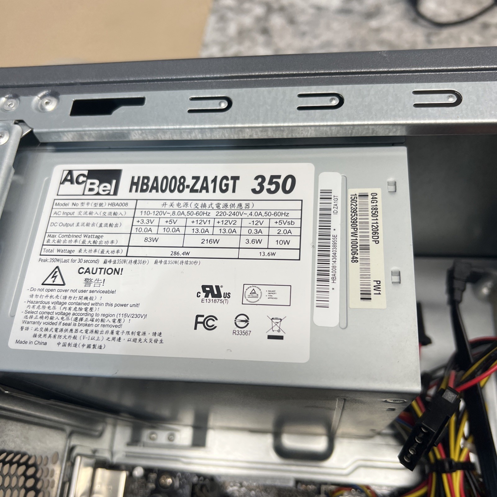 HBA008-ZA1GT AcBel 350-Watts 220-240V AC 4A ATX Power Supply Unit