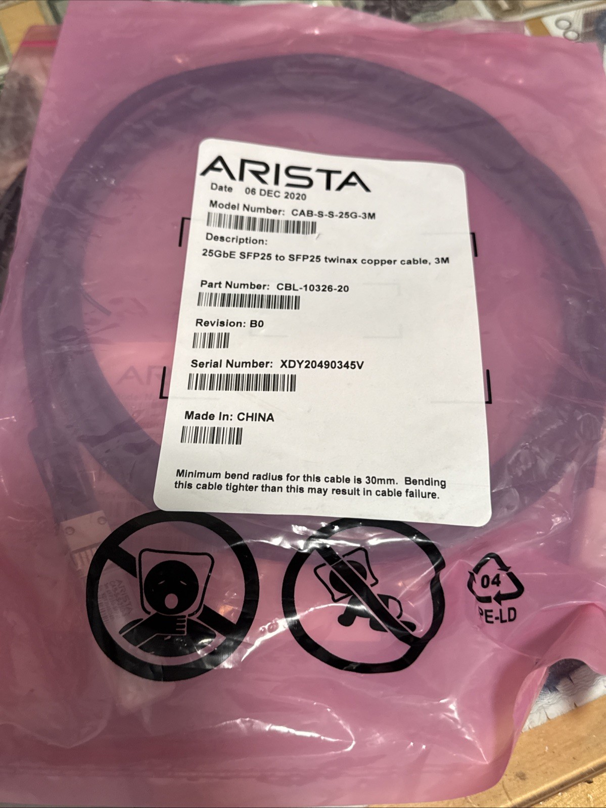 Arista CAB-S-S-25G-3M Twinax Cable 25GbE SFP25 to SFP25