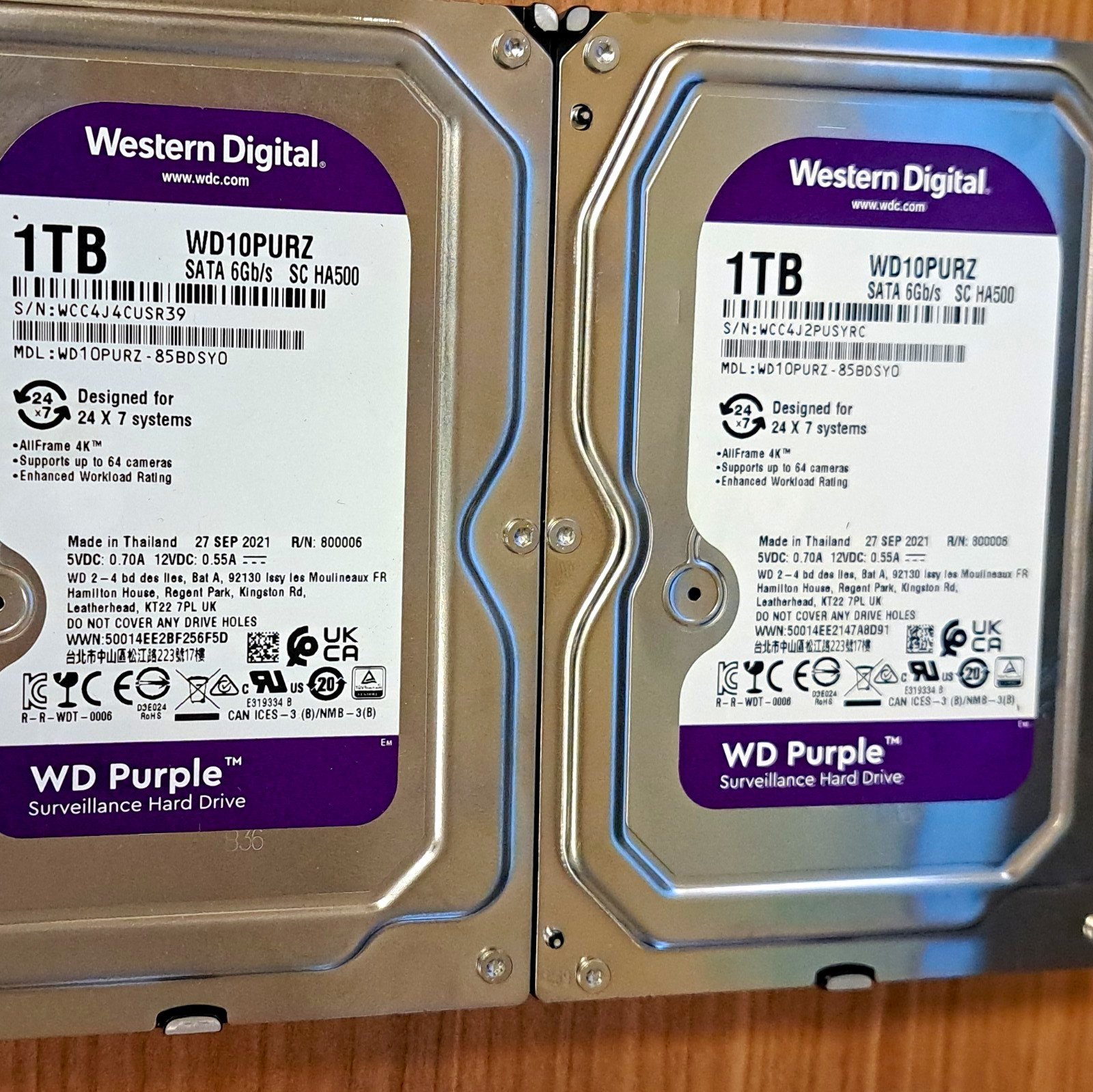 Lot of 2 Western Digital WD Purple WD10PURZ 1TB 3.5in SATA 6Gb/s 5400RPM HDD
