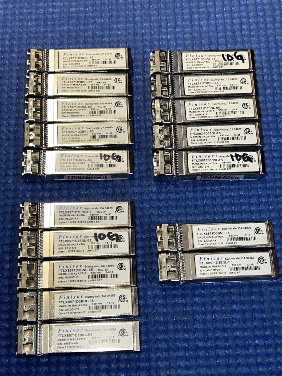 Lot of 17) FINISAR FTLX8571D3BNL-E5 10GBE SFP+ 850NM TRANSCEIVER MODULE