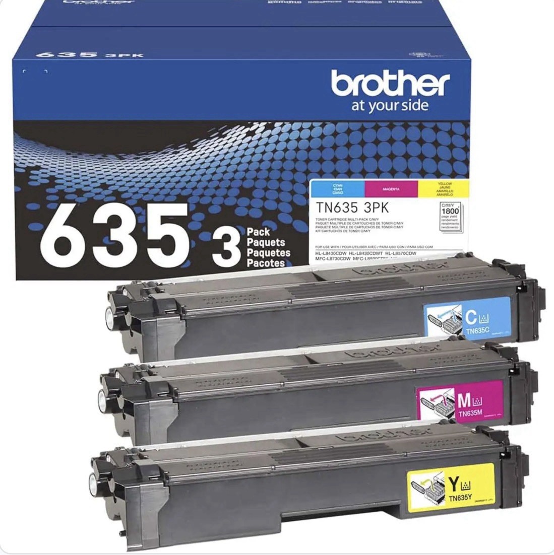Brother Genuine TN635C, TN635M, TN635Y Standard Yield Cyan/Magenta/Yellow Toner 