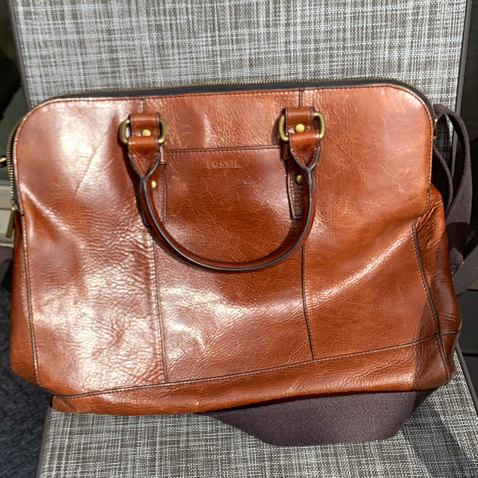 Fossil Brown Large Zip Satchel Top Handle w/ Detachable Strap Lined Pockets