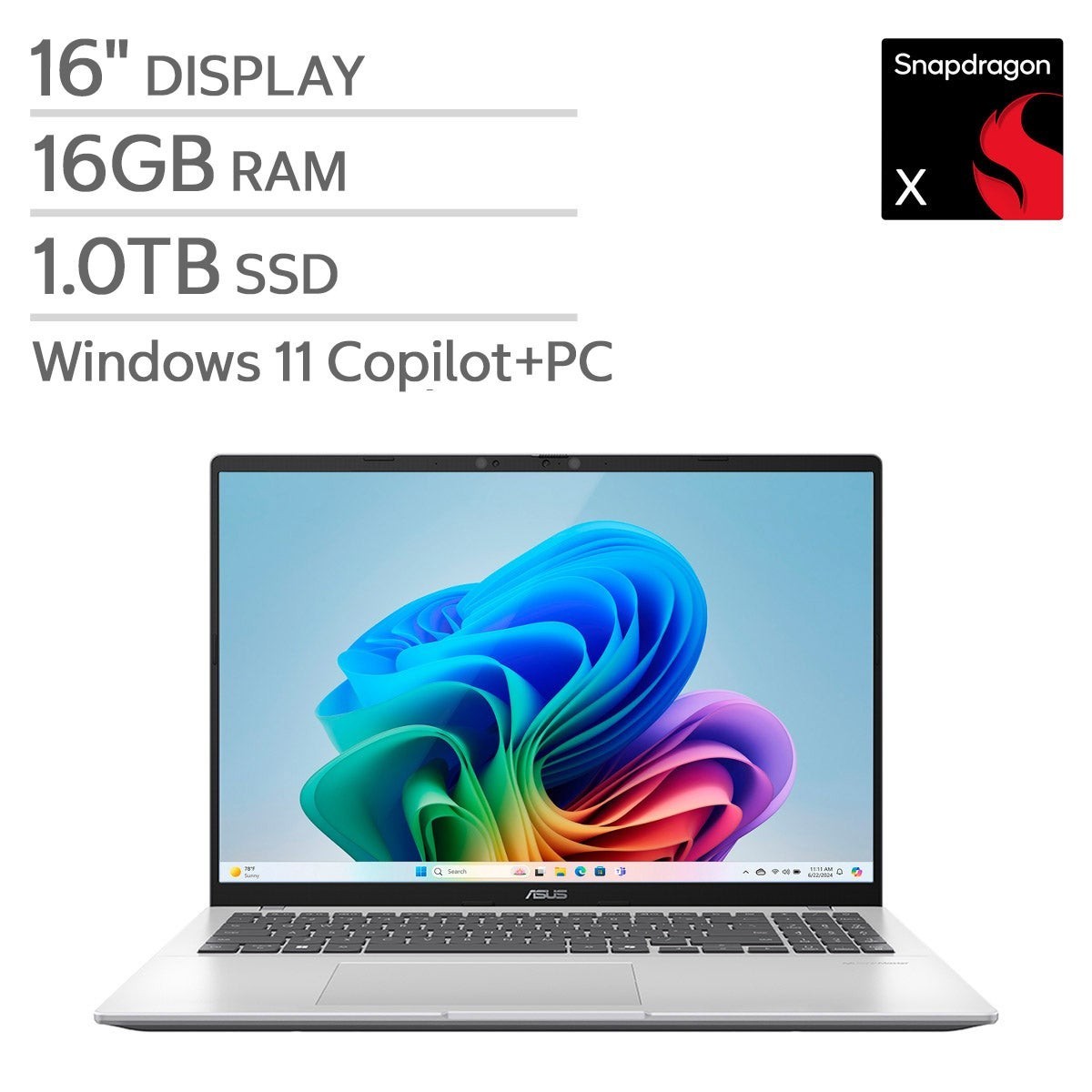 ASUS Vivobook 16" Copilot+ Laptop - Snapdragon X126100, 16GB, 1TB, W11H, X1607Q