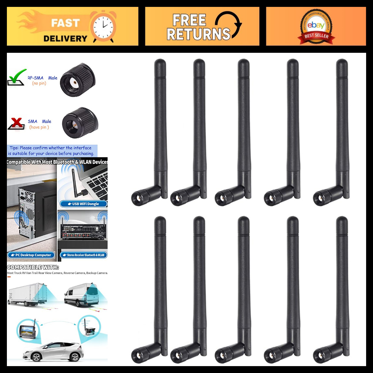 Dual Band WiFi Antenna 2.4GHz 5GHz 3dBi MIMO RP-SMA Male - 10-Pack for Router, U