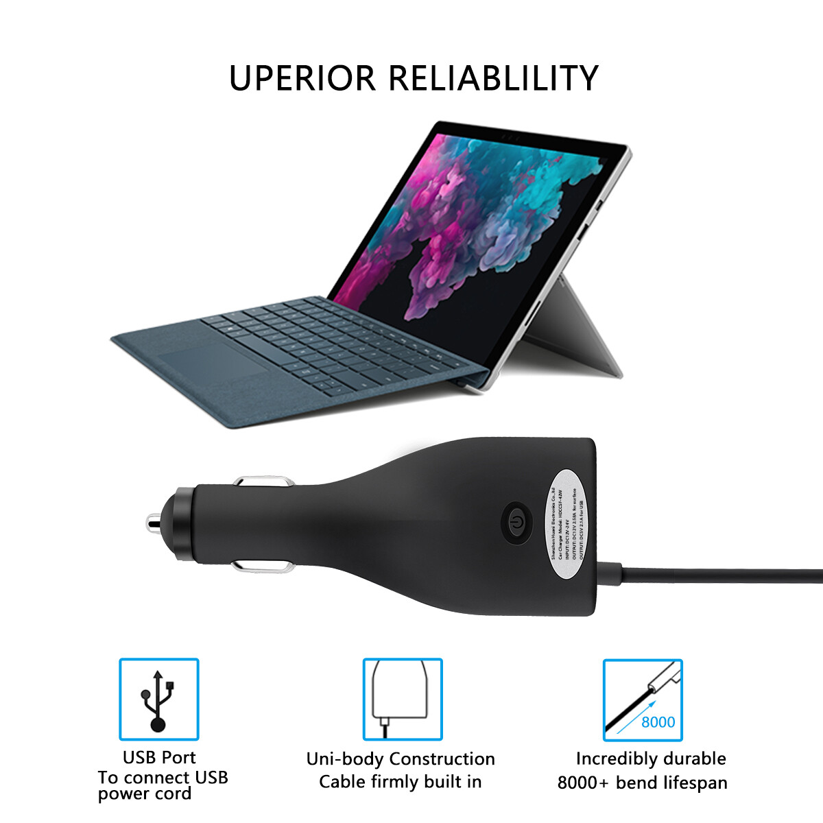 42W Surface Car Charger 12V Power for Surface Pro with 5V 2.1A USB Charging Port