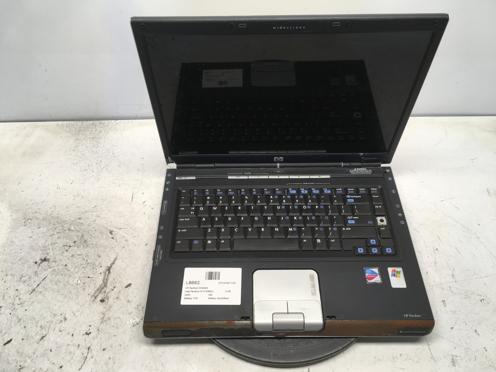 HP Pavilion DV4000 Intel Pentium M 1733MHz 2 GB NO HDD