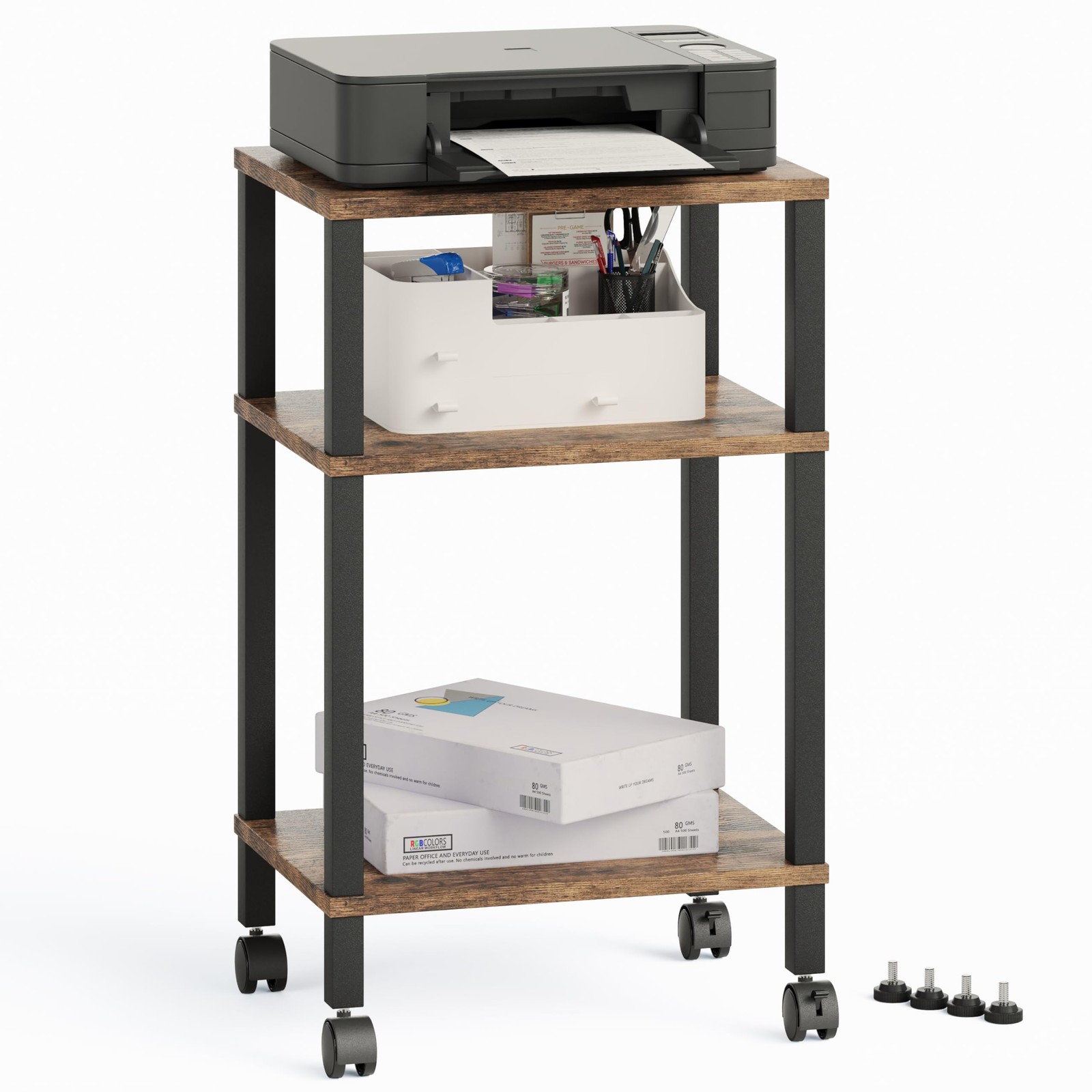 Rustic Brown 3Tier Printer Stand Mobile Cart with Rolling Caster 15.7x11.8x25.9"