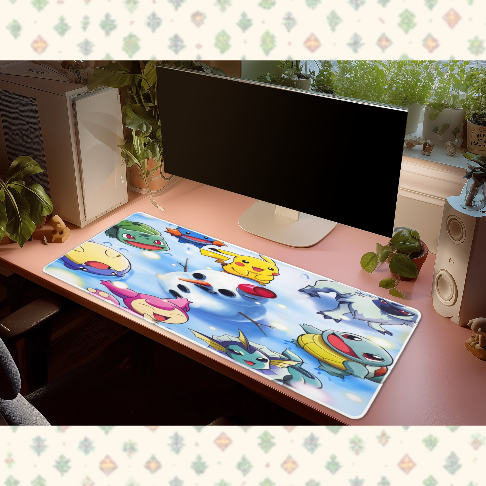 Pokemon Pikachu Bulbasaur Squirtle Snowman Desk Mat Mouse Pad Winter Gaming