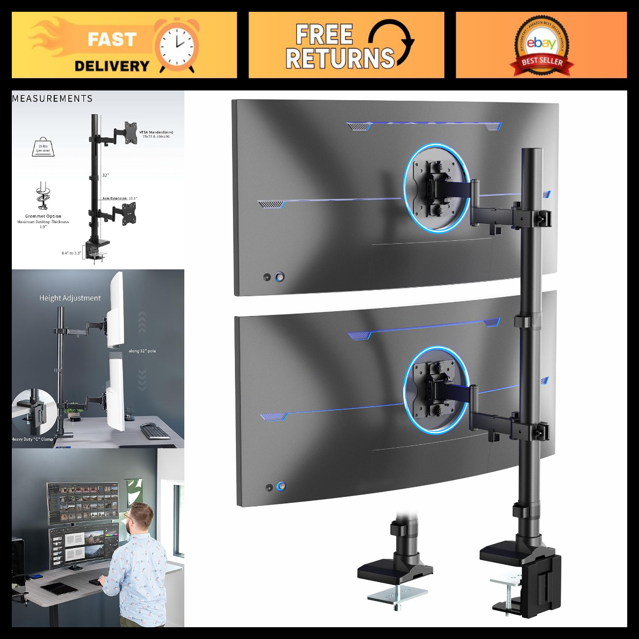 Dual Ultra-Wide Monitor Desk Mount - Adjustable Heavy Duty Stand for 2 Screens u
