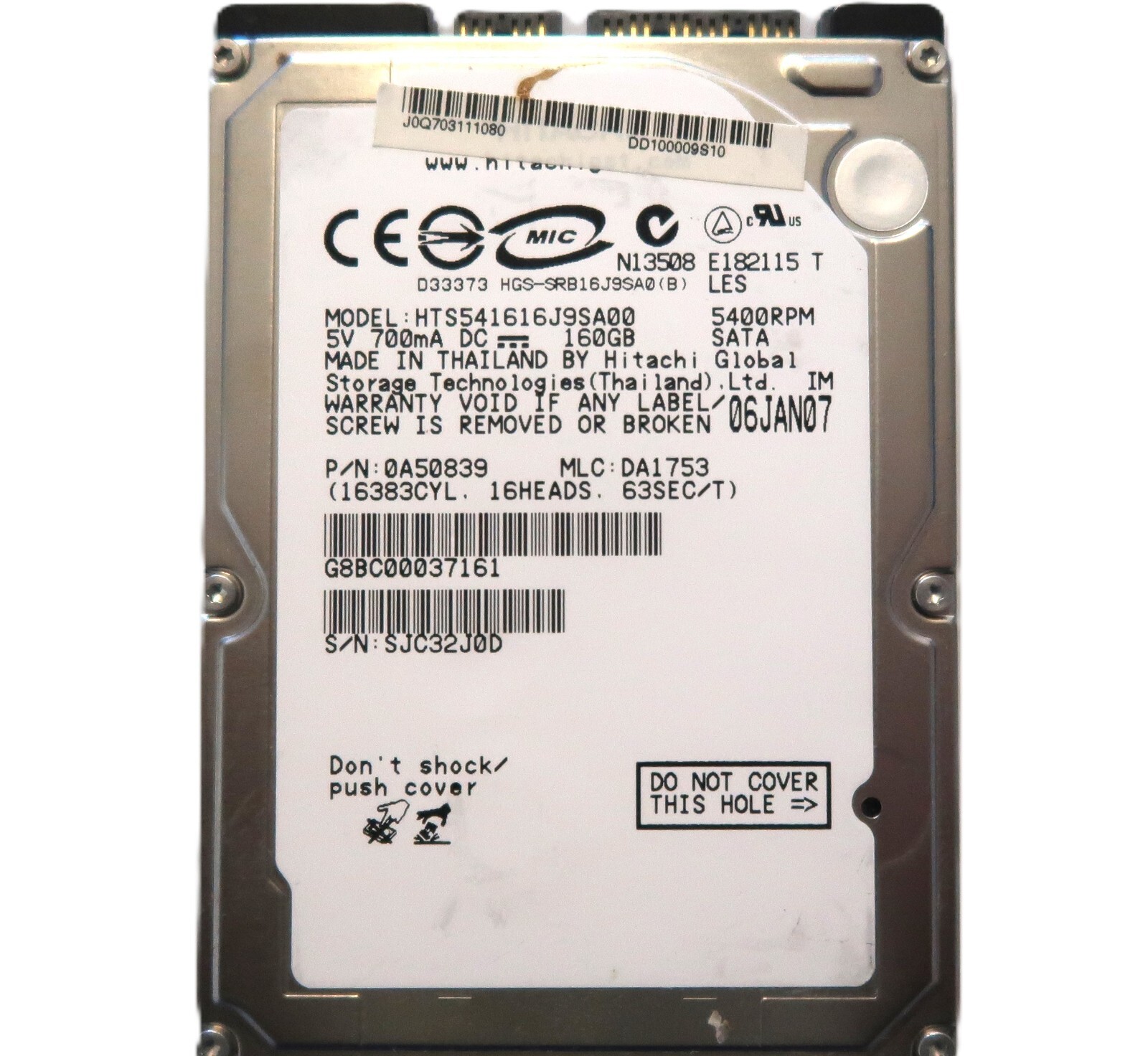 Hitachi HTS541616J9SA00 0A50839 DA1753 (SJC3) Thailand 160gb 2.5" Sata JAN.07