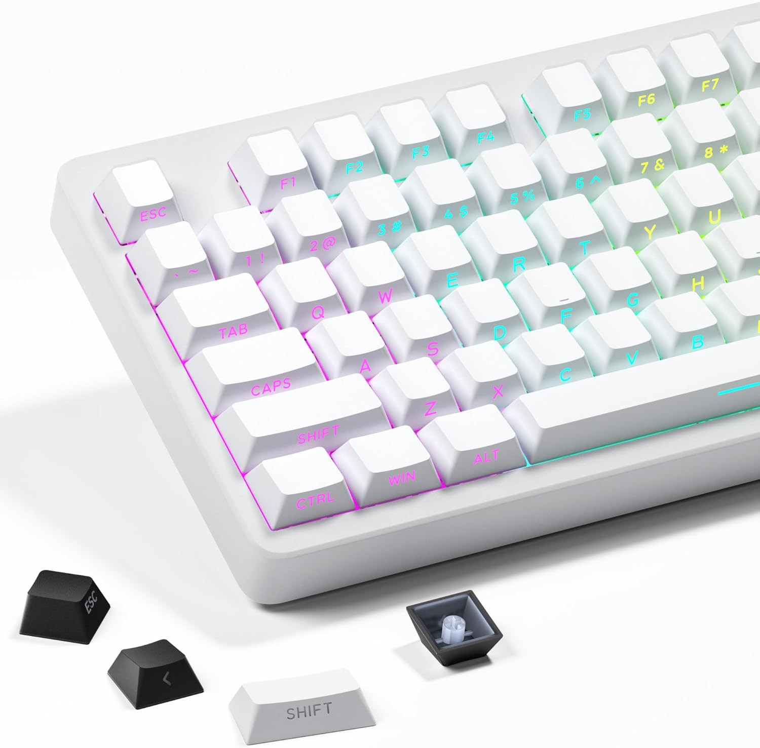 White Keycaps - Side Print PBT Keycaps 60 65 75 100 Percent, Double Shot