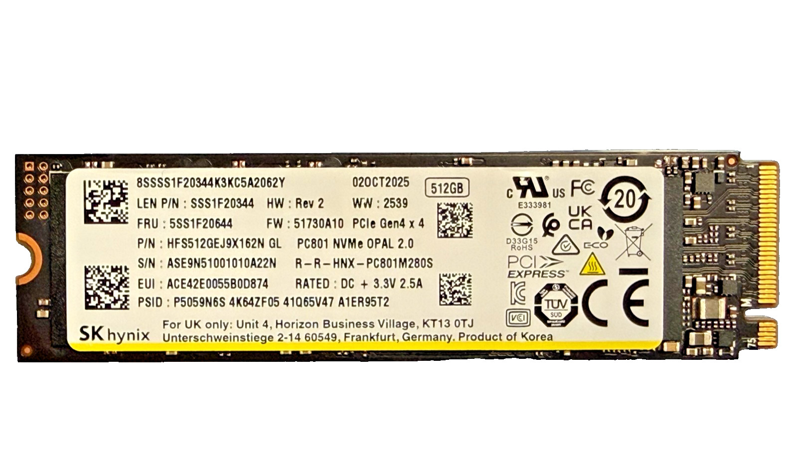 NEW SK Hynix PC801 512GB PCIe Gen4x4 NVMe SSD, M.2 2280, Model: HFS512GEJ9X162N