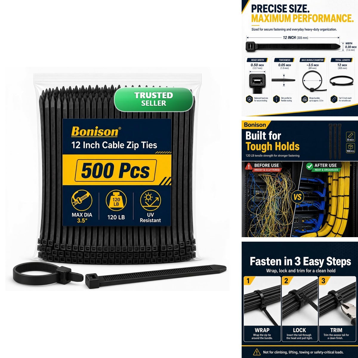 500 Pack 12 Inch Heavy Duty Zip Ties 120 lb Black UV Resistant Nylon