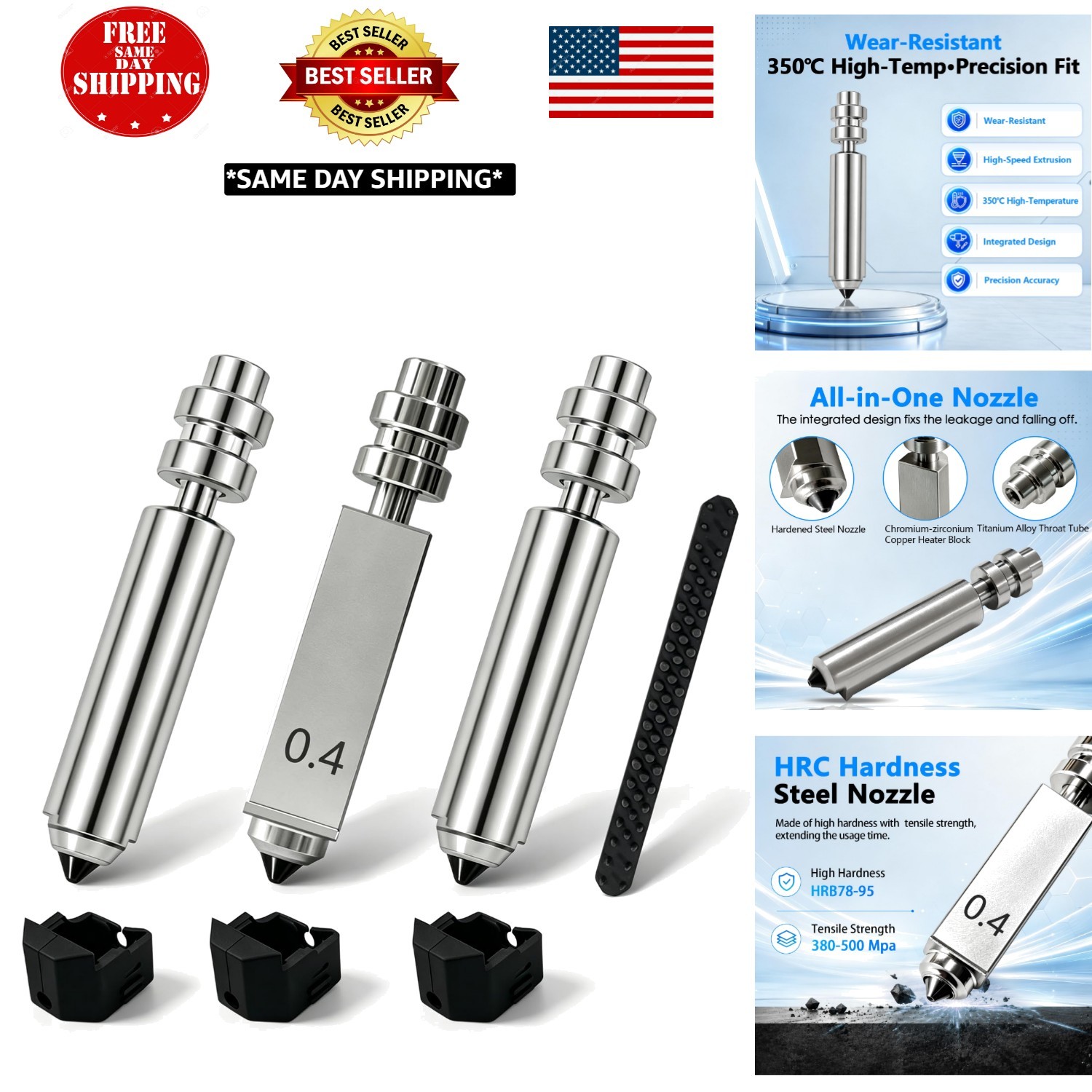 3PK 0.4mm Kobra X Nozzle Hardened Steel Nozzles for Anycubic Kobra 4 Parts