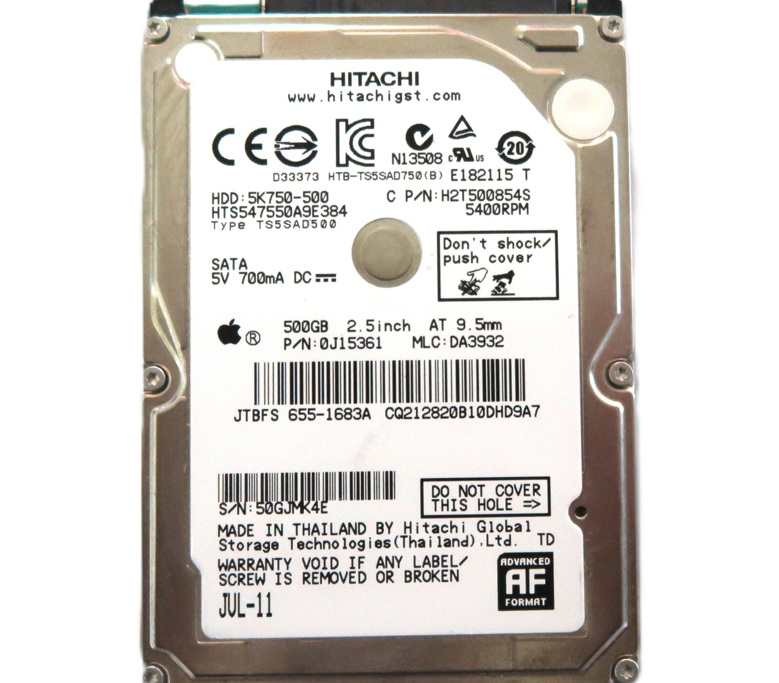 Hitachi HTS547550A9E384 0J15361 DA3932 (50GJ) Thailand 2.5" 500gb Sata JUL-11