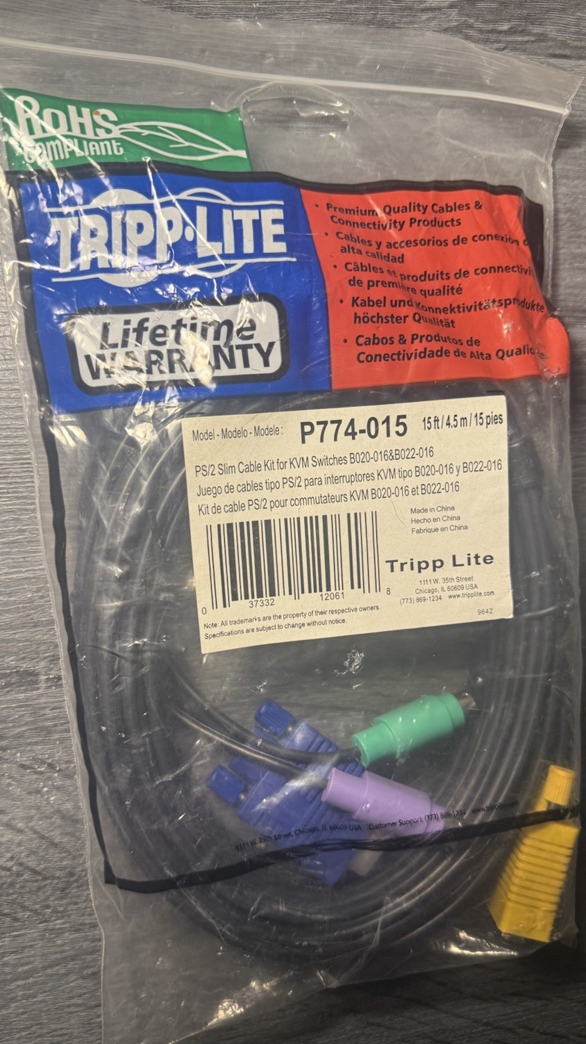 Brand New Tripp Lite P774-015 15ft PS/2 3-in-1 KVM Switch Cable Kit - Sealed