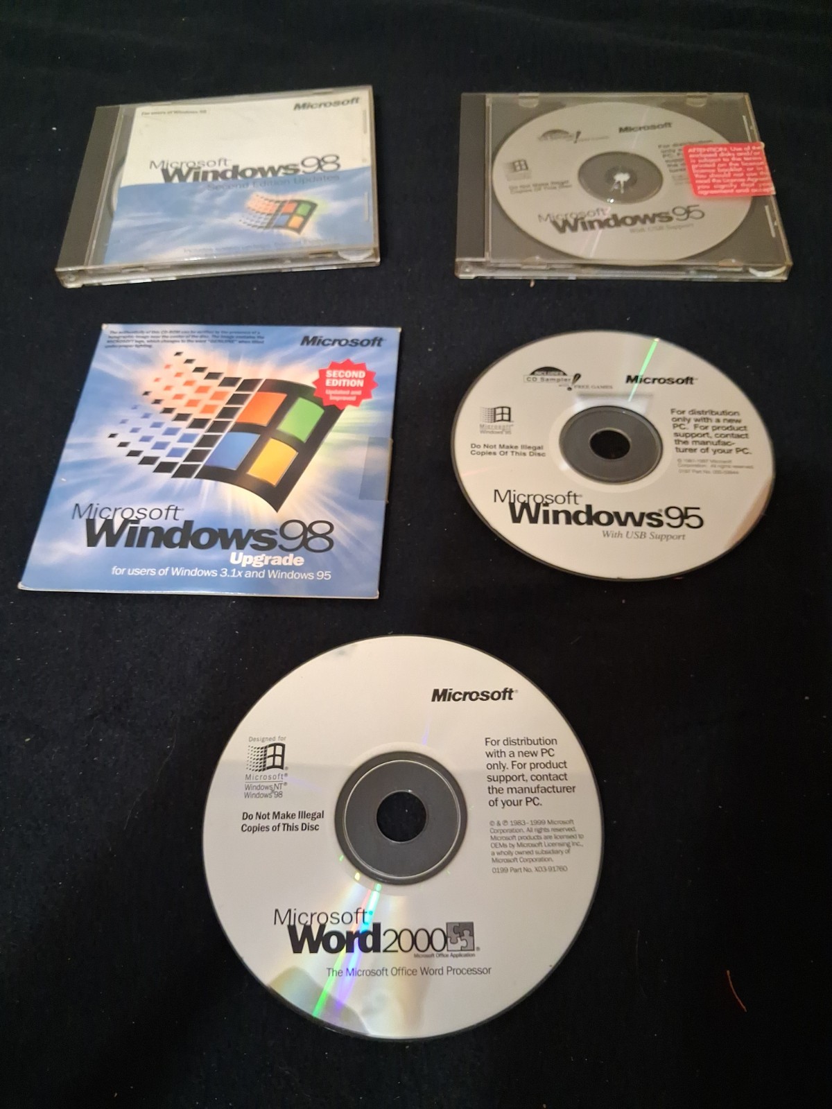 Vintage Microsoft Software CDs - Windows 95, Windows 98, Windows 2000, Word 2000