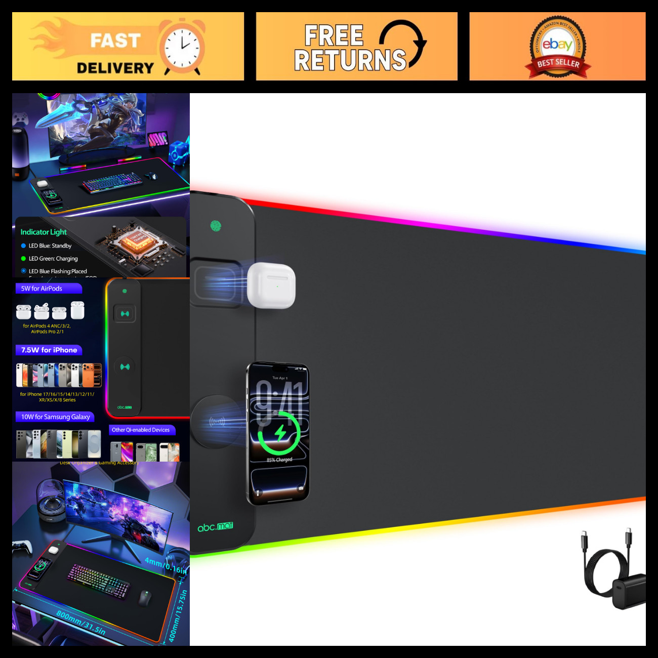 Large Magnetic Wireless Charging Gaming Mouse Pad 31.5"x15.8" Desk Mat