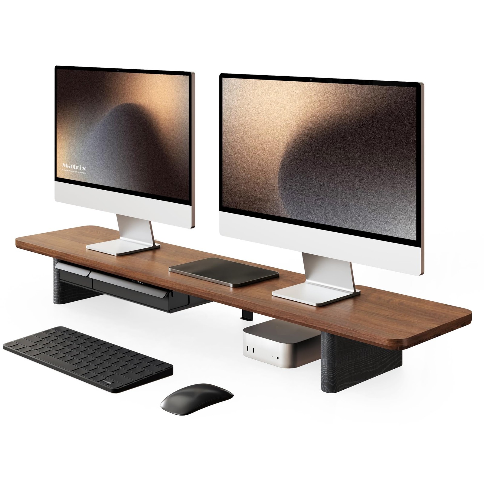 Fenge 42.5" Dual Monitor Stand with Storage Drawer & Solid Wood Legs, Brown