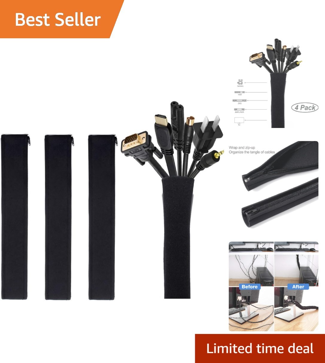 Neoprene Cable Management Sleeves, 19-20 Inch - 4 Pack for Stylish Organization