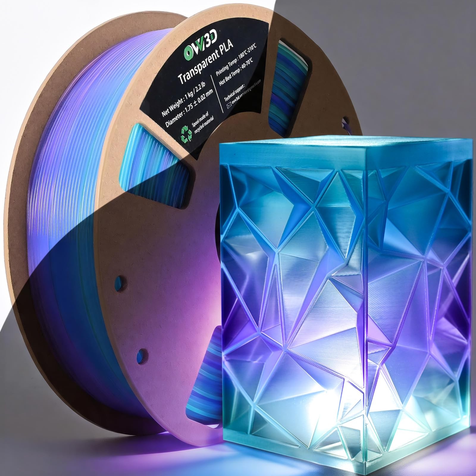 OVV3D Transparent Rainbow PLA Filament 1.75mm Blue Green Purple - Filaments for