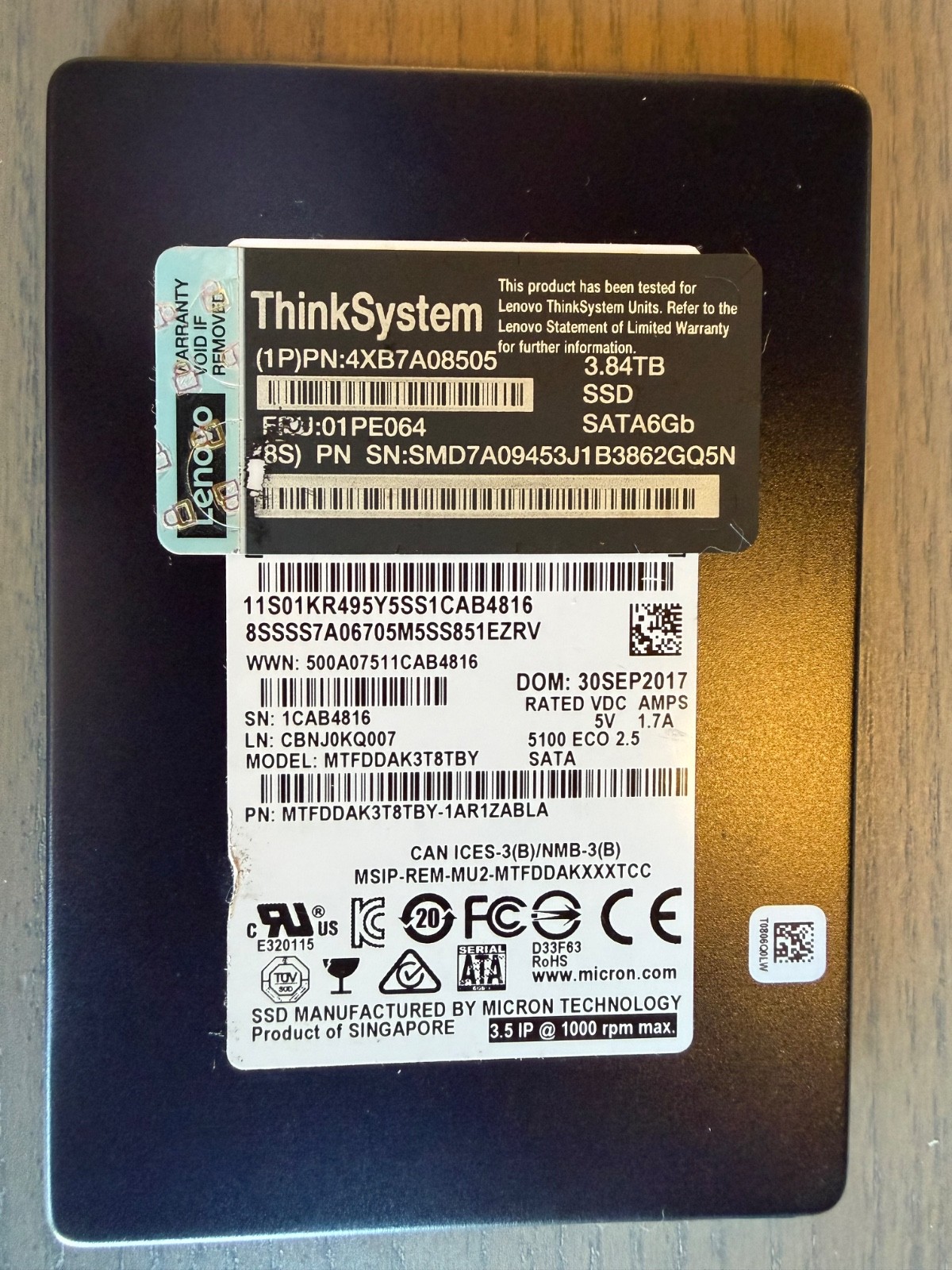 Micron 5100 Eco 3.84TB 2.5" SATA SSD MTFDDAK3T8TCBY 100% HEALTH (Lenovo)