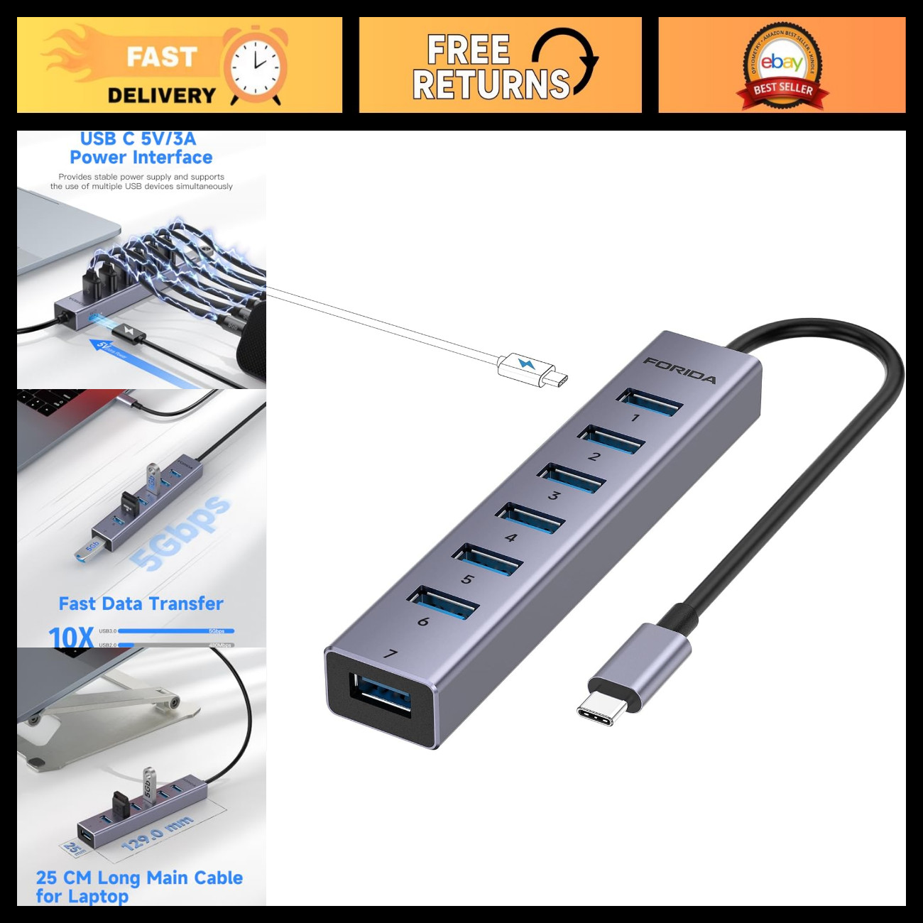 8-Port USB C Hub, Aluminum USB 3.0 Splitter with Power Port for MacBook, Laptop,