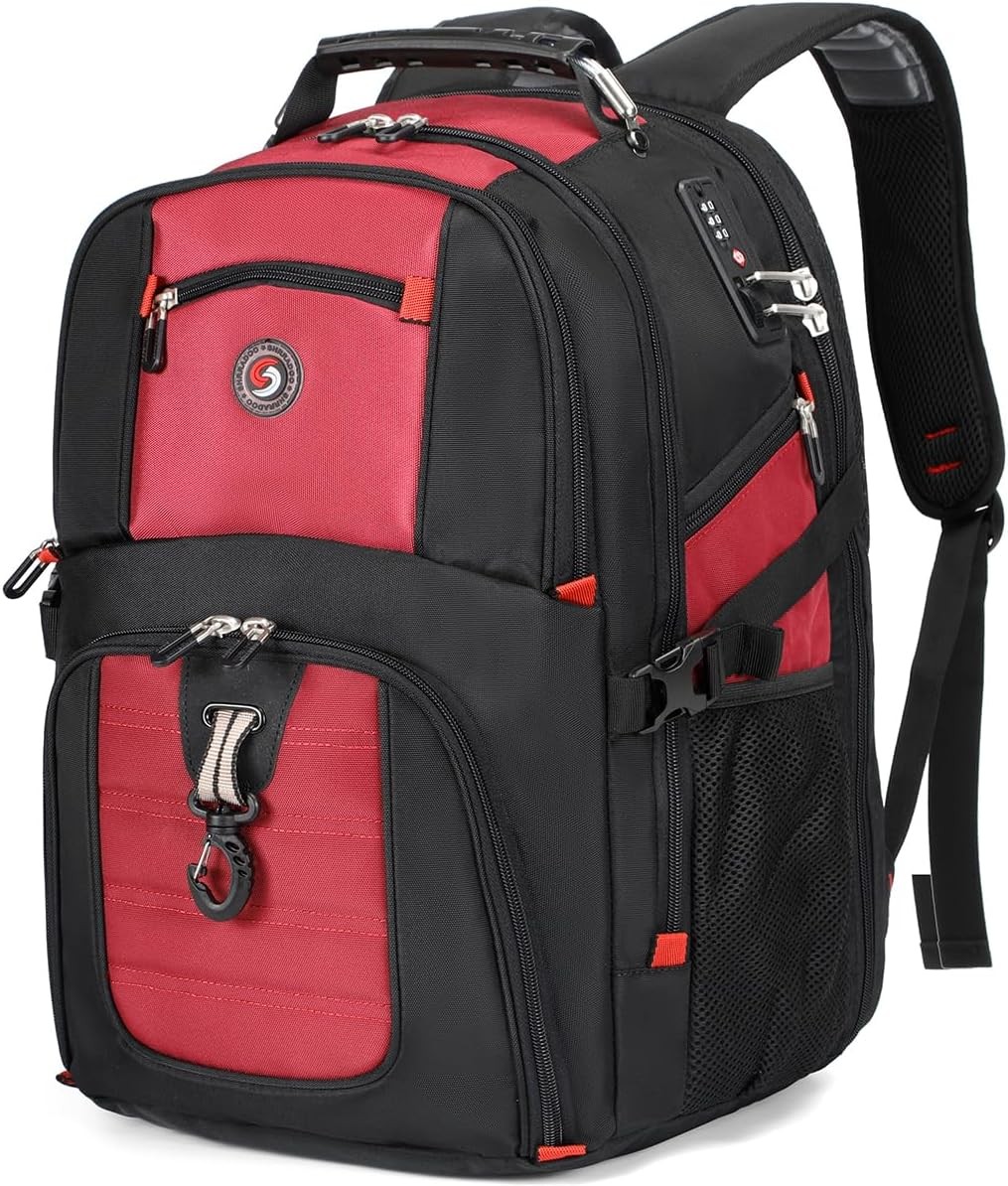 SHRRADOO Extra Large 52L Travel Laptop Backpack with USB Red Travel Backpacks