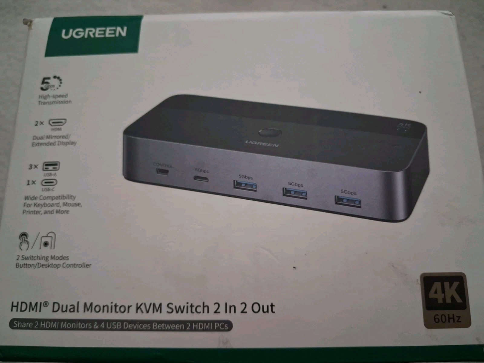 UGREEN HDMI Dual Monitor KVM Switch 2 In 2 Out, 4K 60Hz-Model:  AK500 