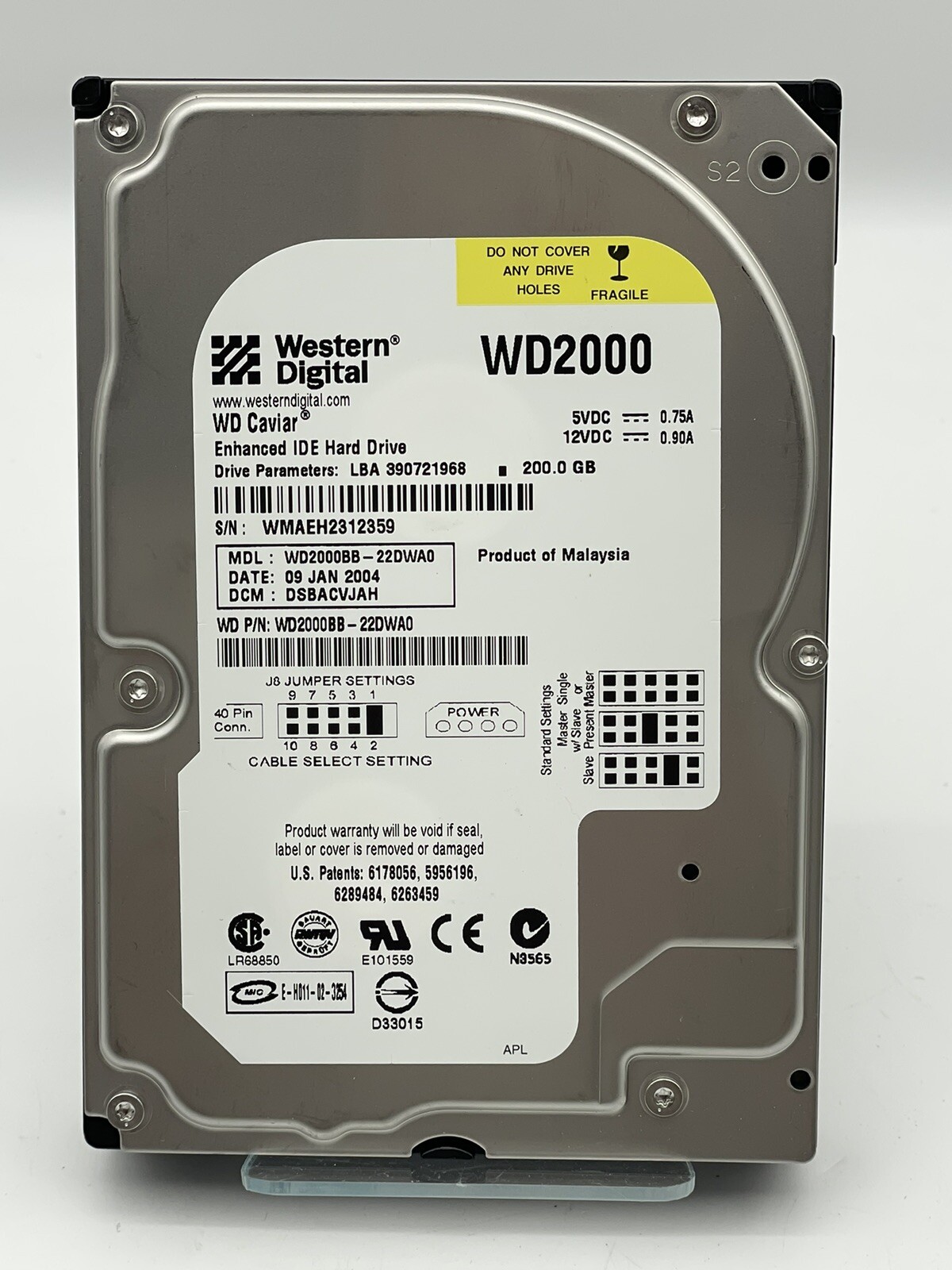 200GB IDE Hard Drive ~ Vintage Western Digital Caviar WD2000BB 3.5"
