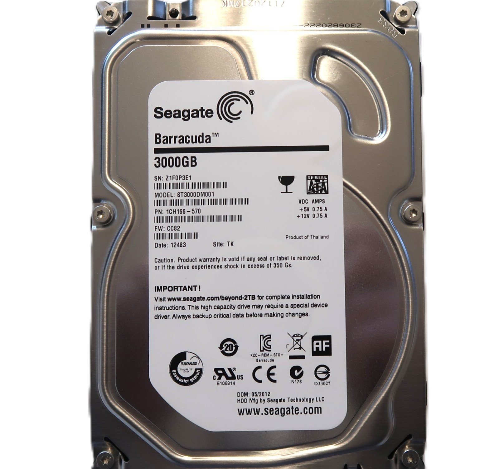 Seagate ST3000DM001 1CH166-570 CC82 TK Thailand (Z1F0) 3TB 3.5" Sata HDD 05/2012