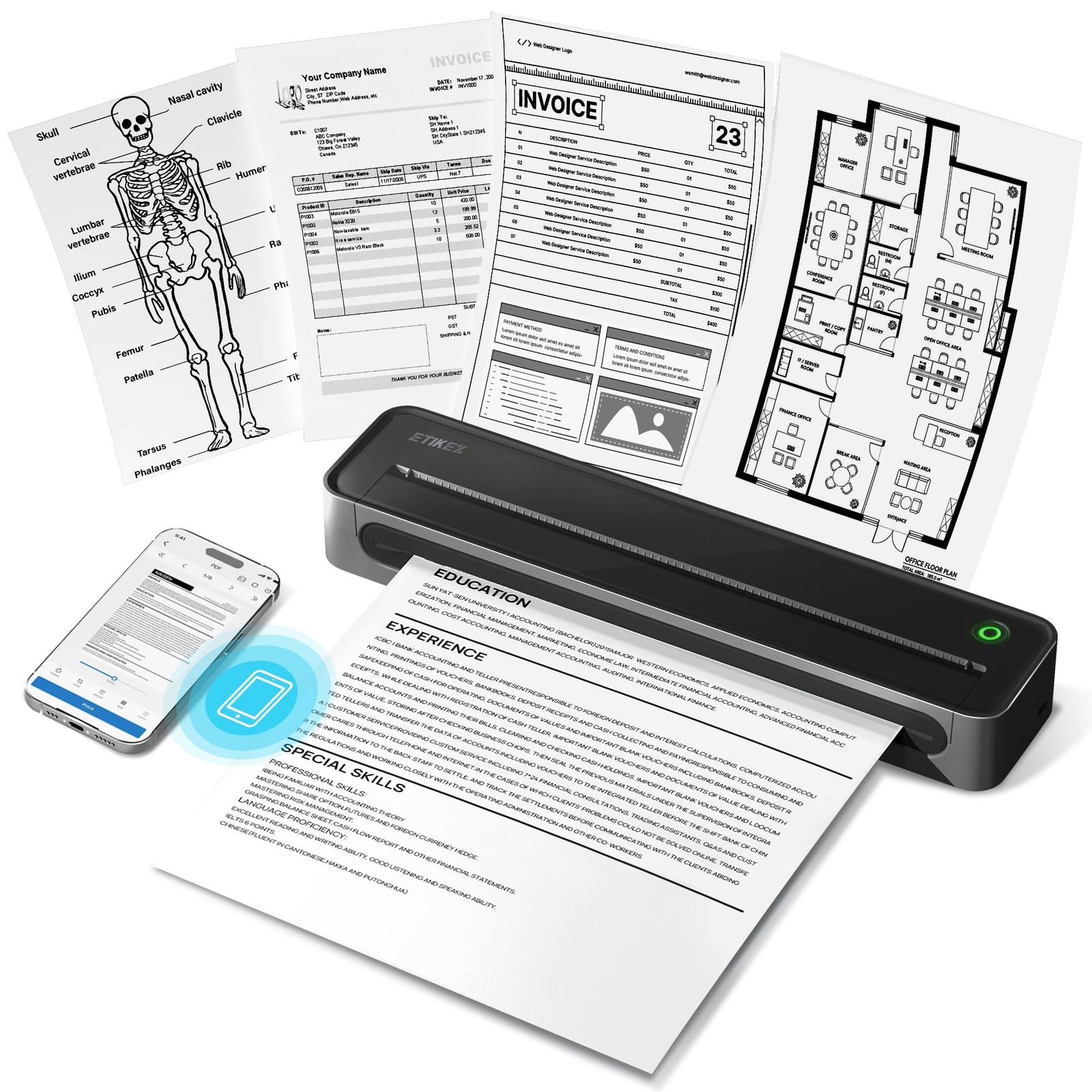 ETIKEZ D90E Inkless Portable Thermal Printer for 10.43*2.32*1.3 inch, Black