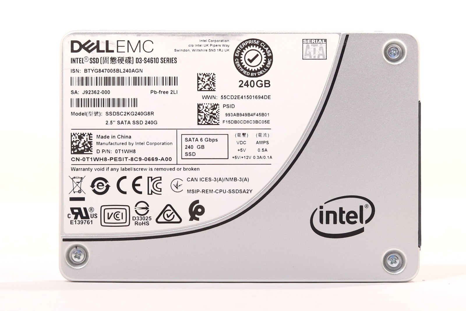 Dell SSDSC2KG240G8R D3-S4610 Series 240GB 2.5" 6Gb/s SATA SSD Dell P/N: 0T1WH8